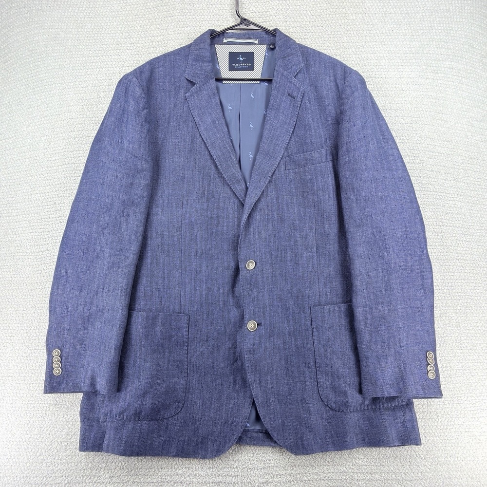 TailorByrd Linen Sport Coat Blazer Mens 48L Blue Herringbone 2 Button Pocket